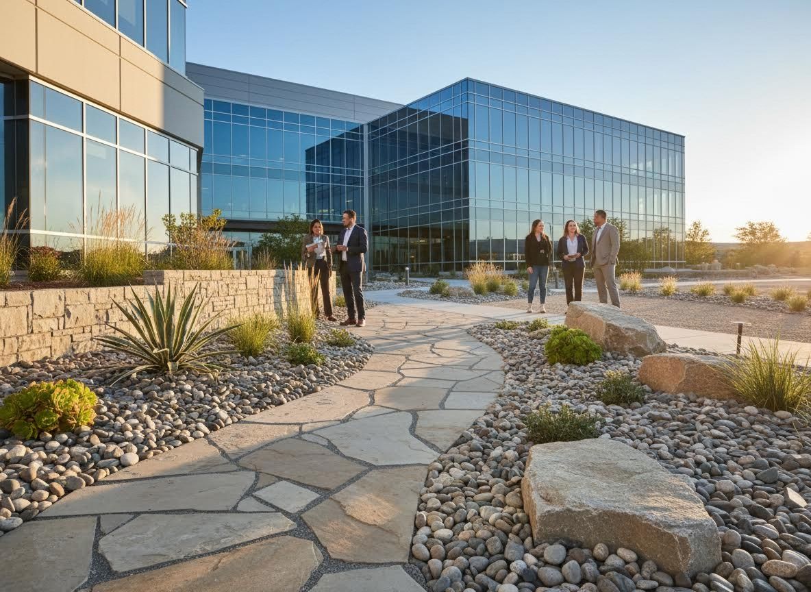 Business professionals outside modern office building