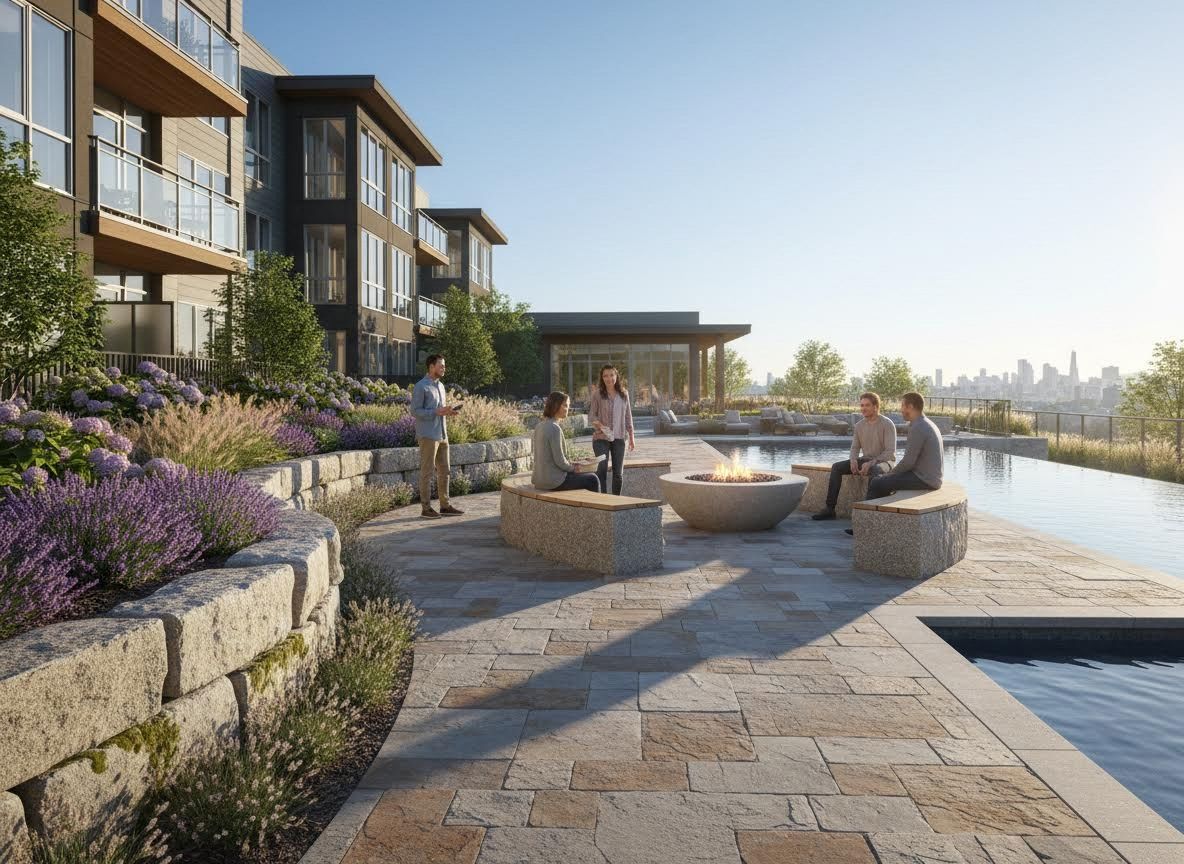 Luxury Apartment Outdoor Amenity with Fire Pit and Pool