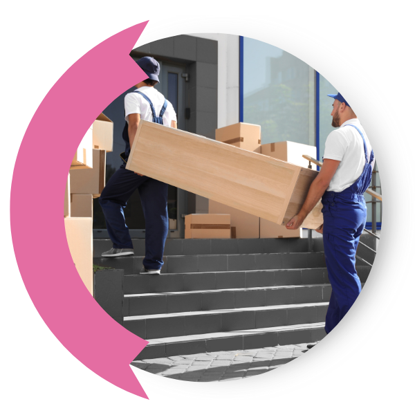 Two movers moving a cabinet
