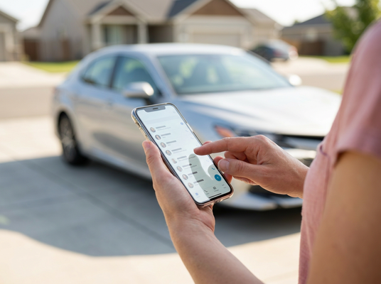 Close-up of hands holding a smartphone, interacting with a messaging app, with a silver car and houses in the blurry background. Person using smartphone app next to a car