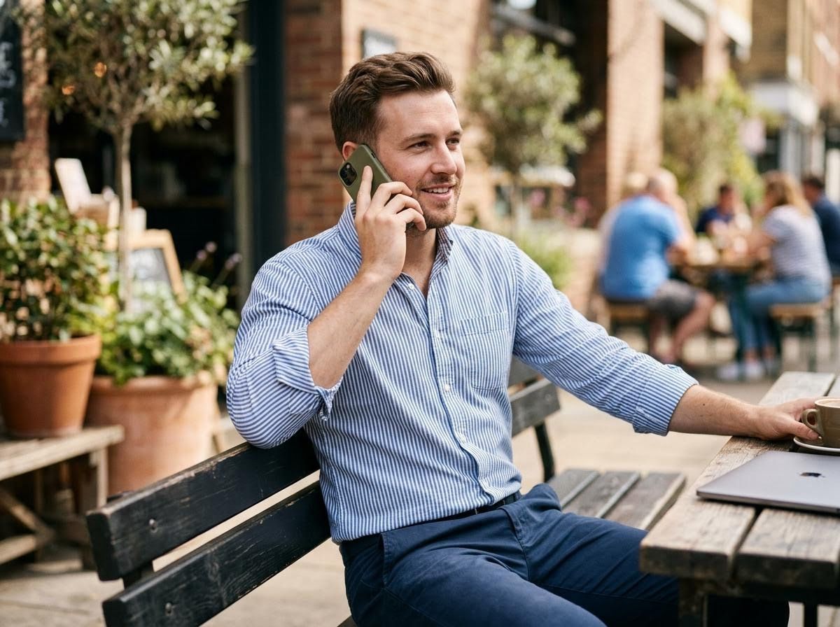 a man sits at a cafe on the phone