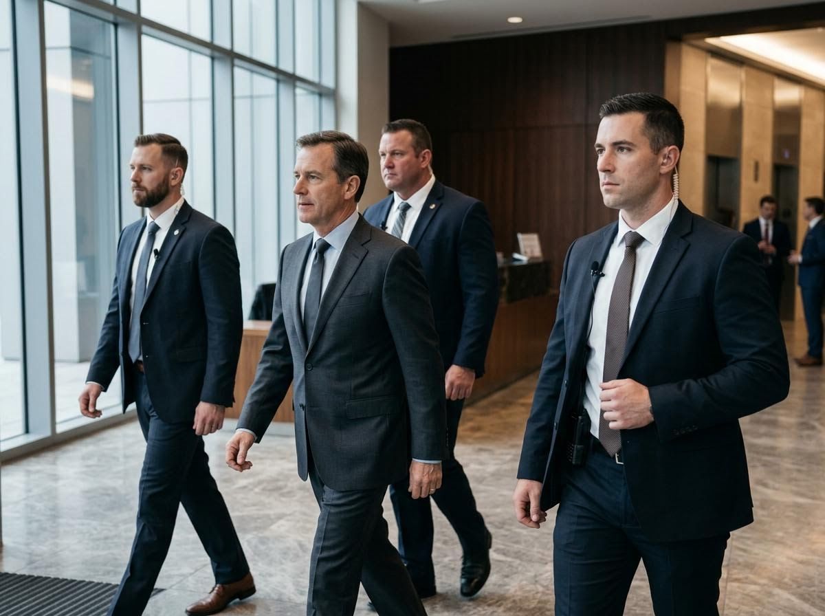 3 security guards escort a man 