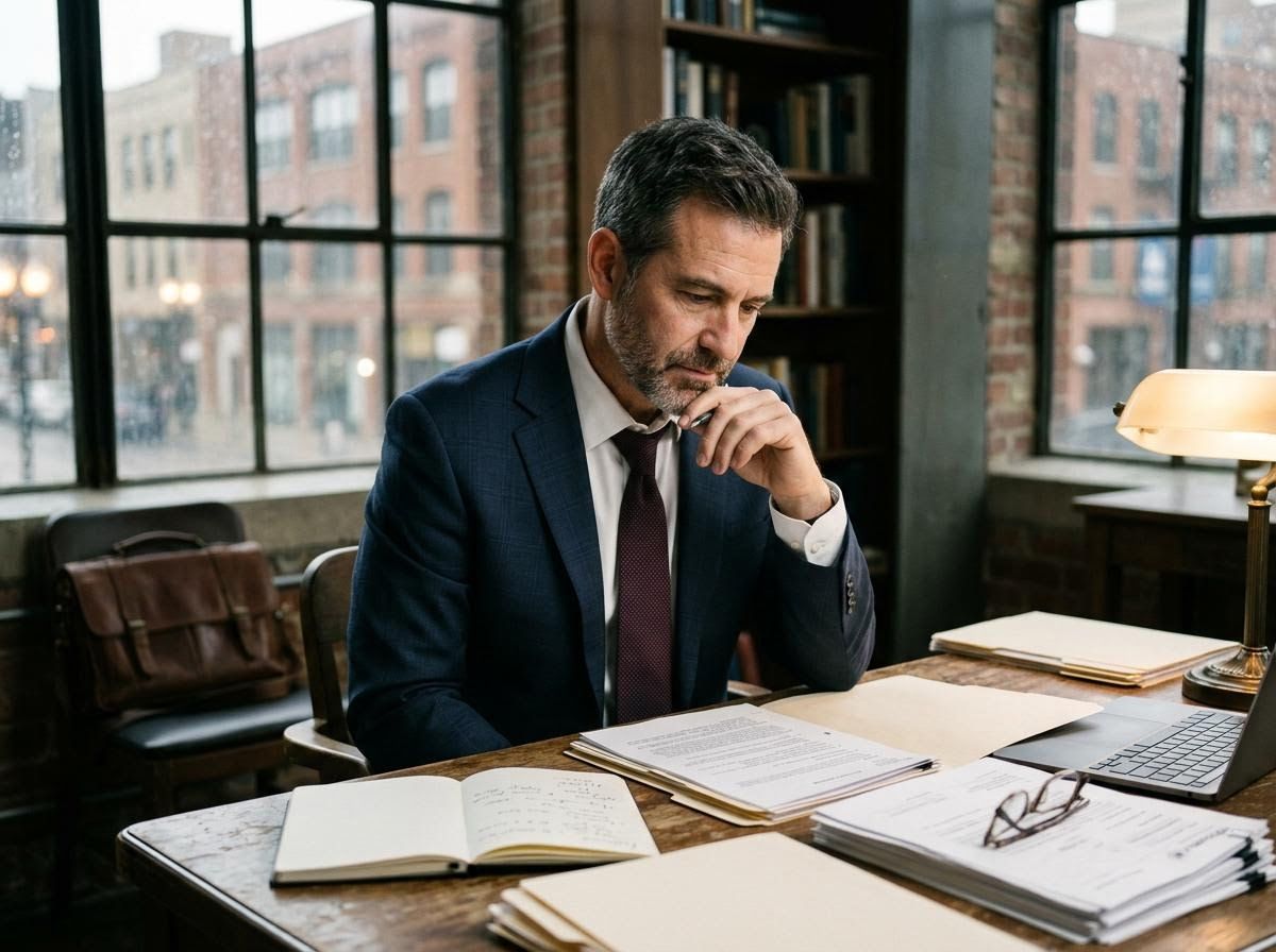 a man looks at papers on his desk