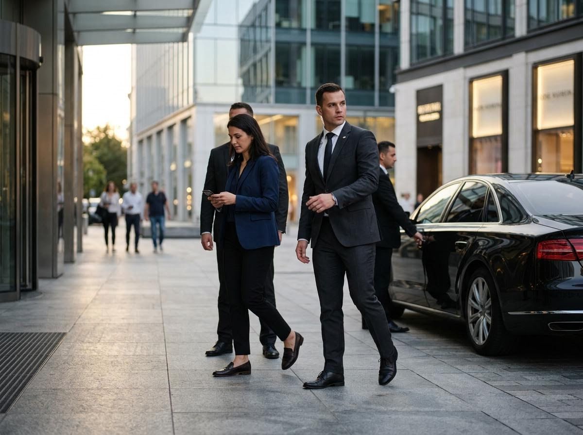 2 security guards escort a woman into a building