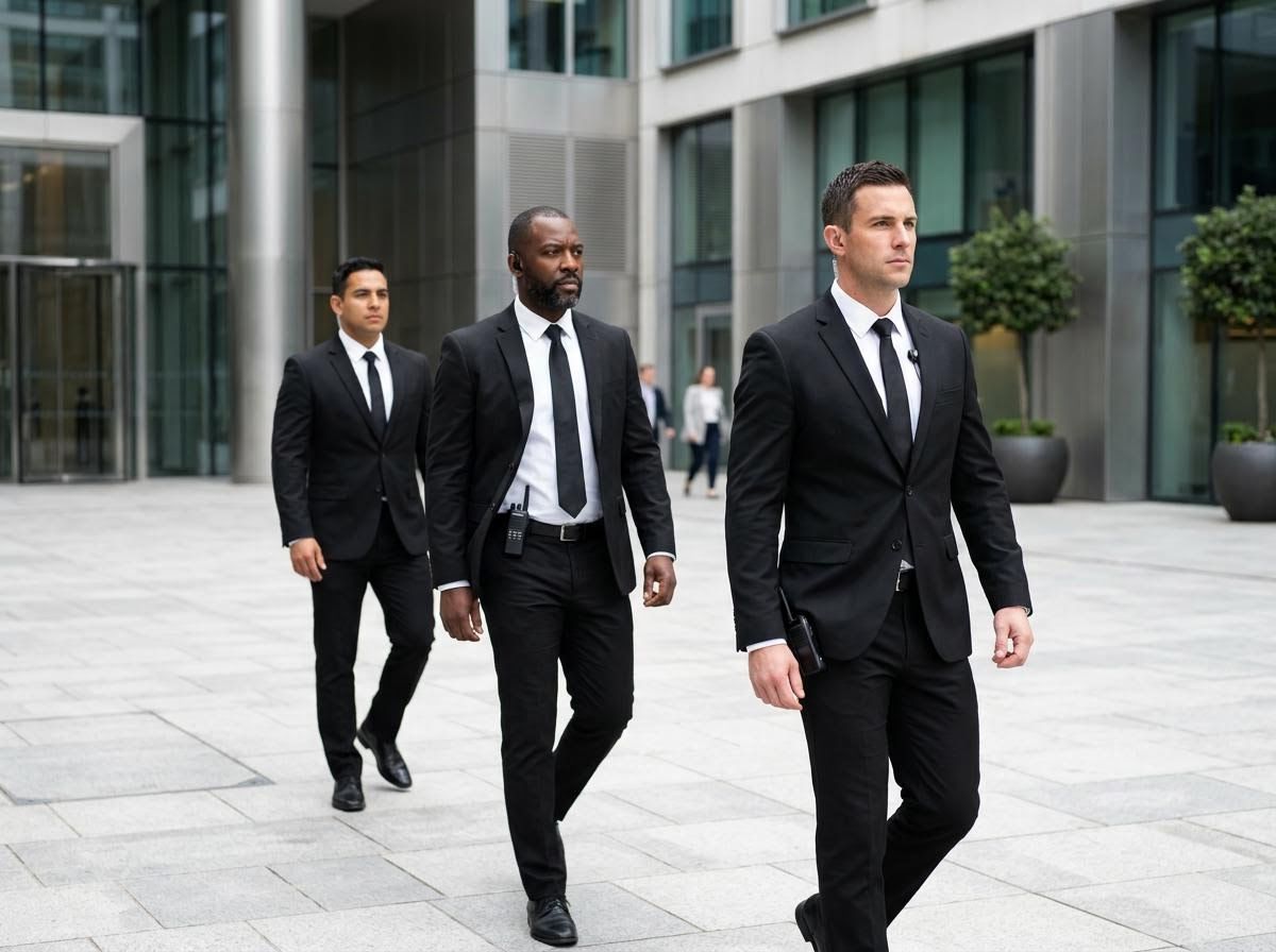 2 security guards escort a man to his car