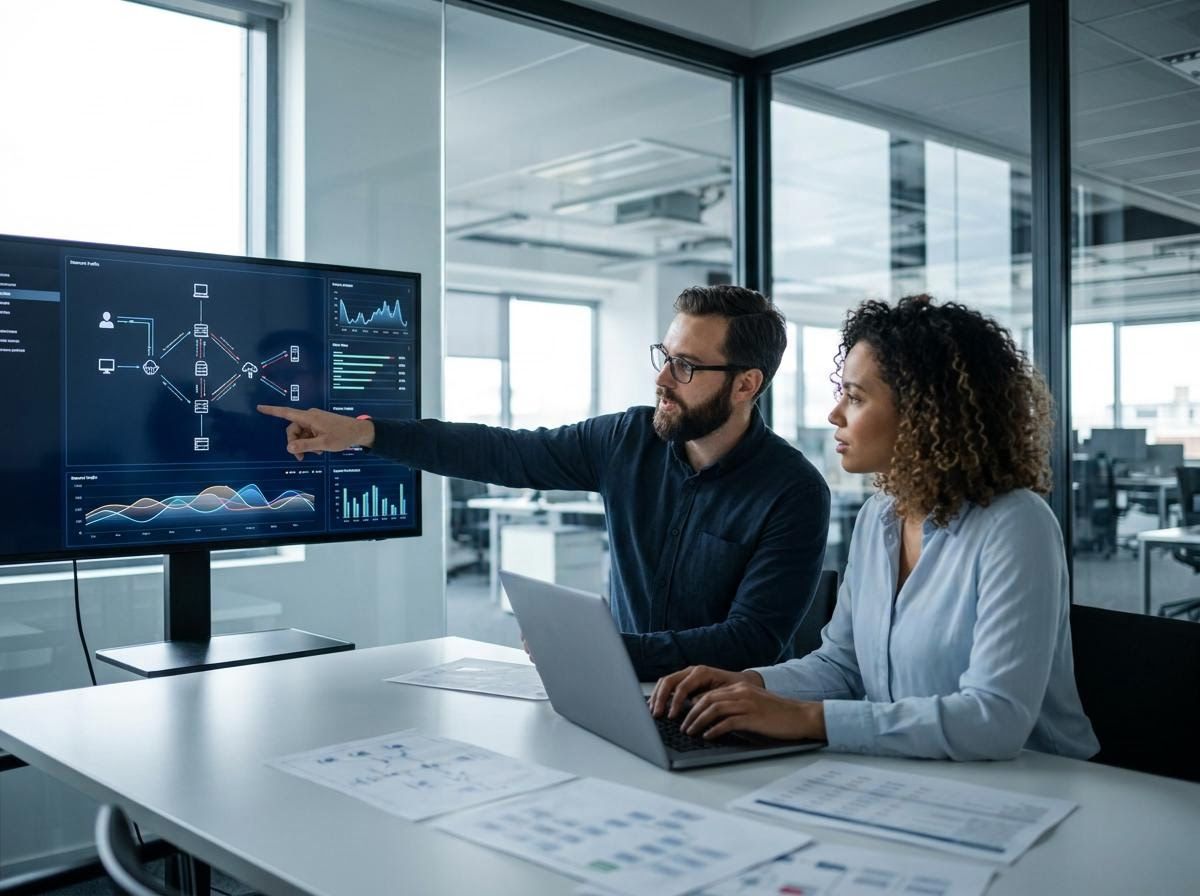 2 people look at a computer