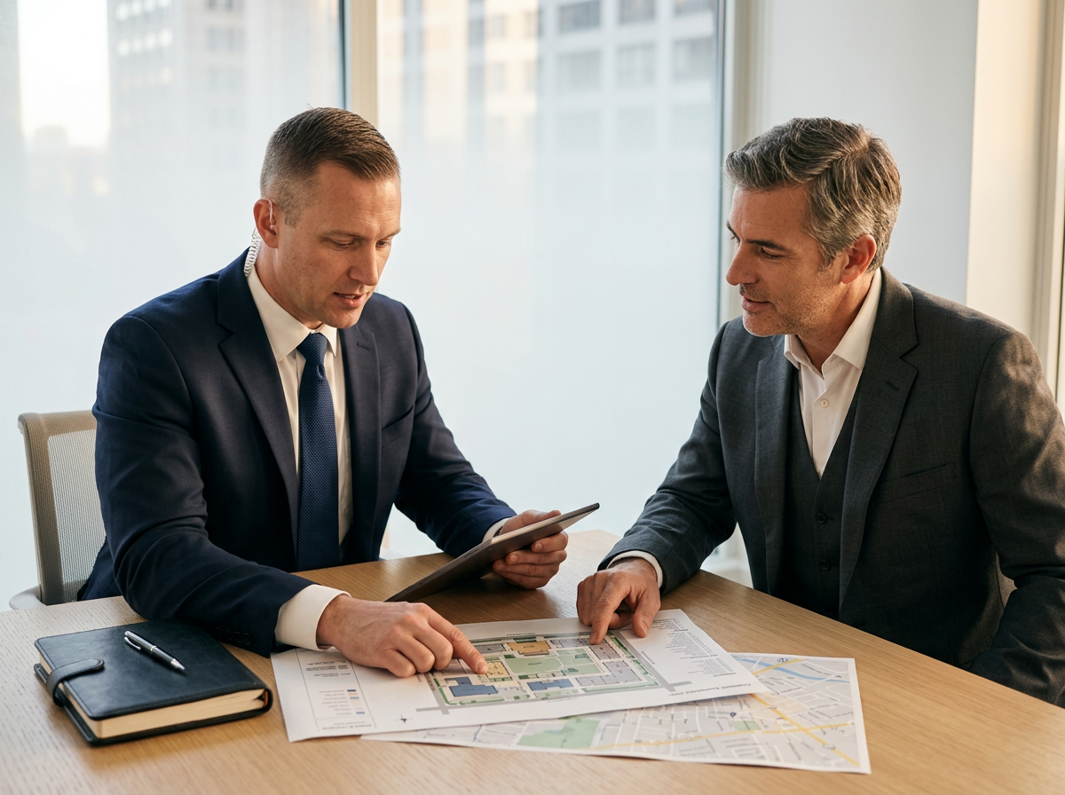 Two Businessmen Discussing Blueprints and a Map
