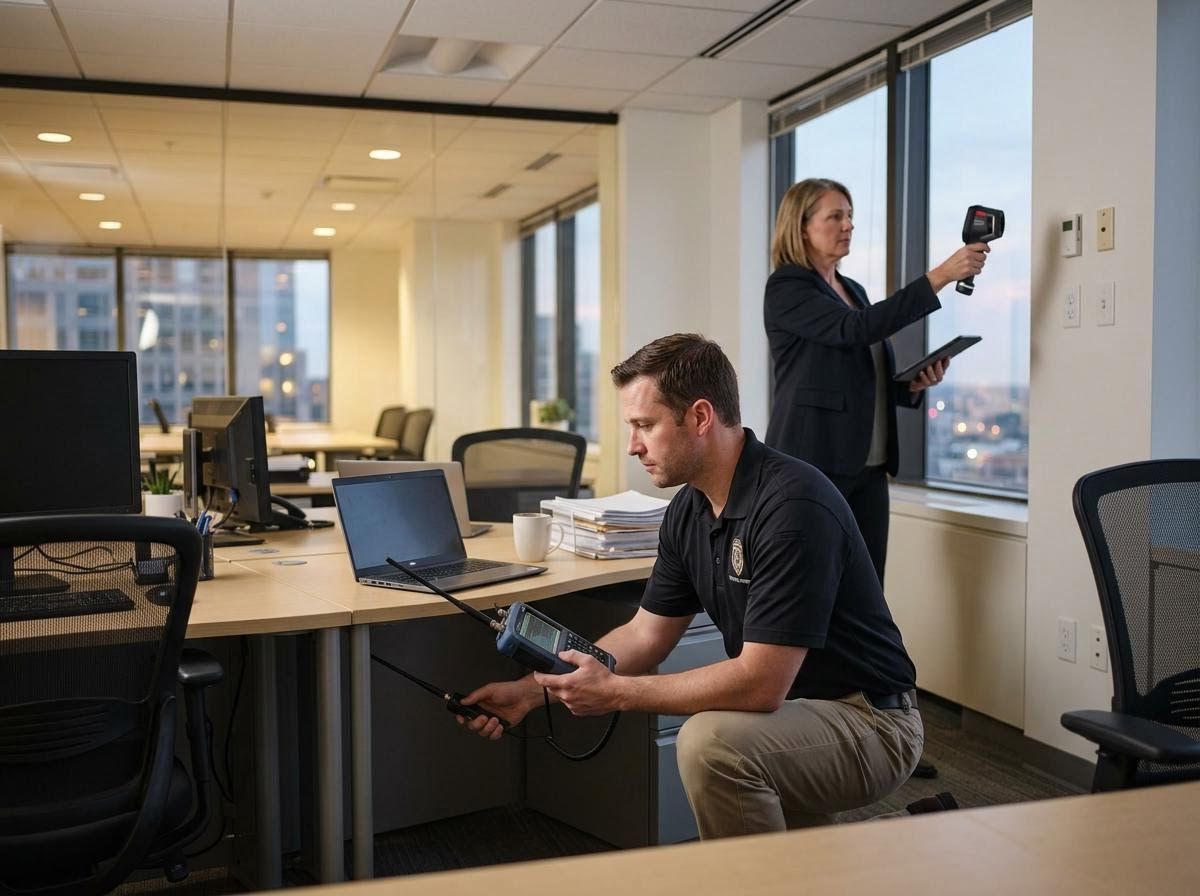 2 people search for a bug in an office