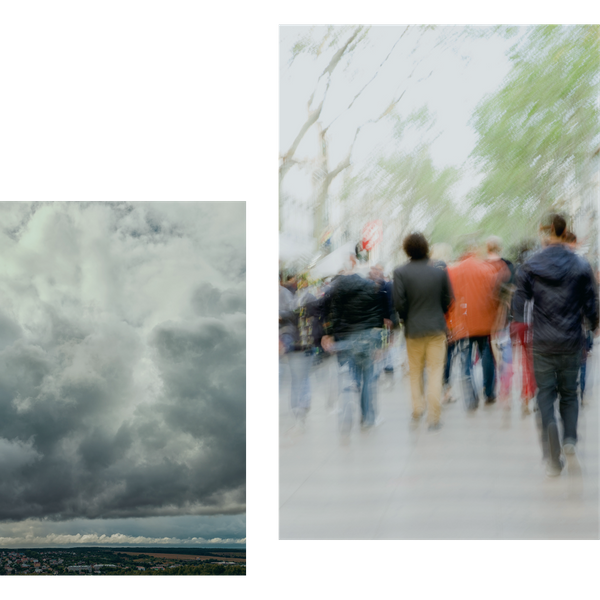 collage of blurry people walking on the street and a large storm cloud