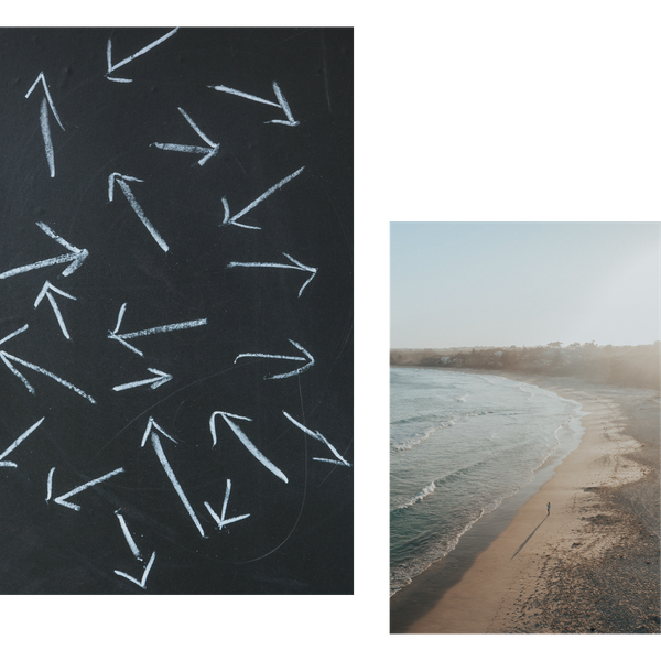 collage of arrows pointing different directions and a calm beach scene