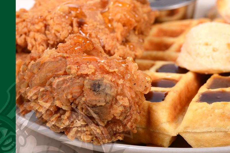 Close-up image of chicken and waffles.