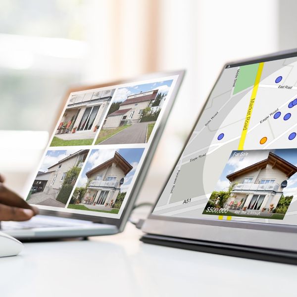 Two screens side by side, with one showing a home search and the other showing a map. 