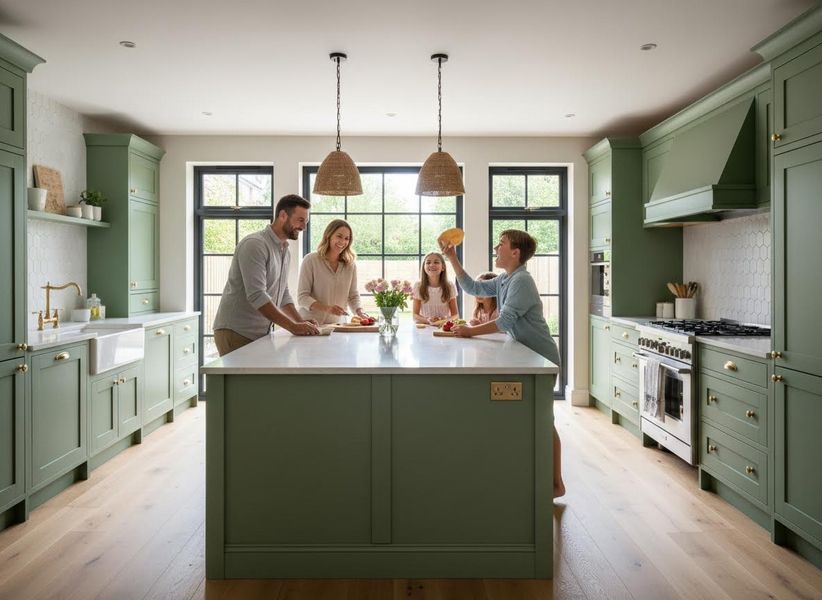A family of four smiles while preparing food in a stylish kitchen with olive green cabinets and a large island. The boy plays with food. Family Cooking in a Modern Olive Green Kitchen