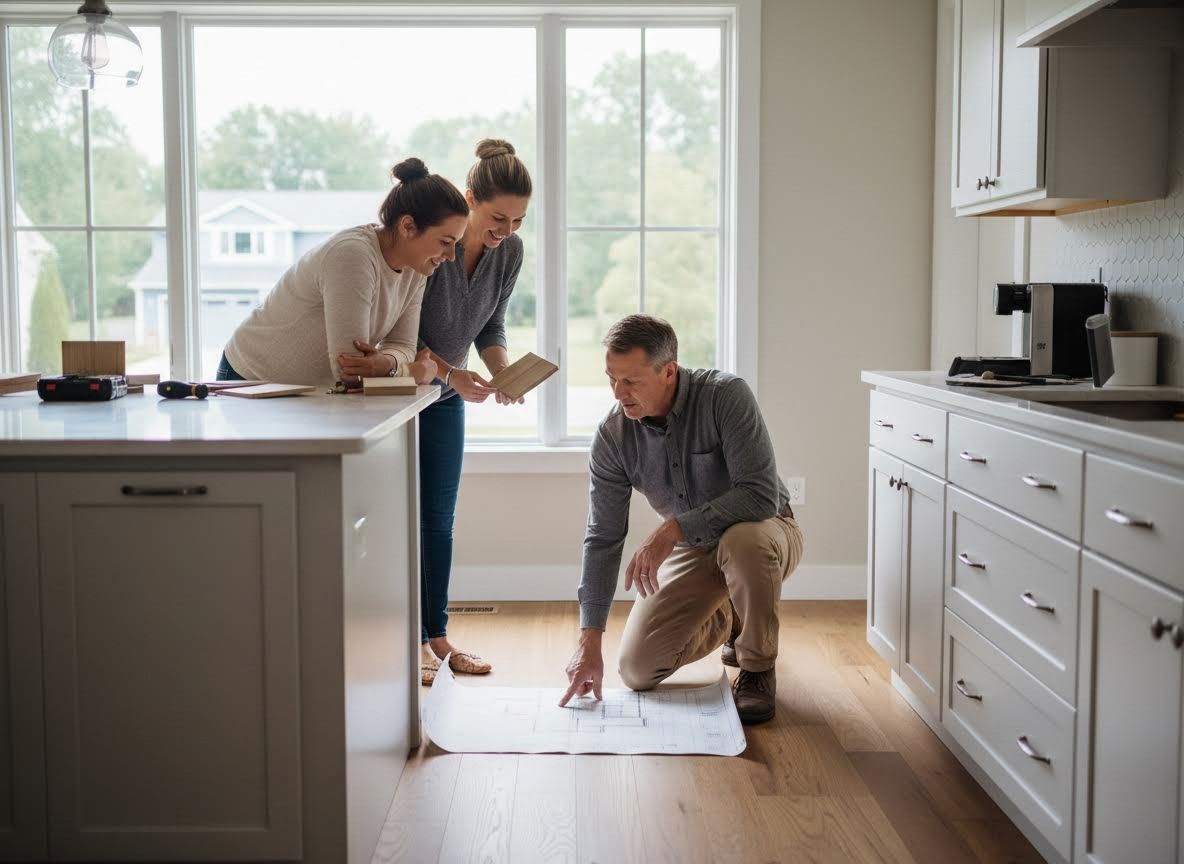 Homeowners and builder review kitchen plans