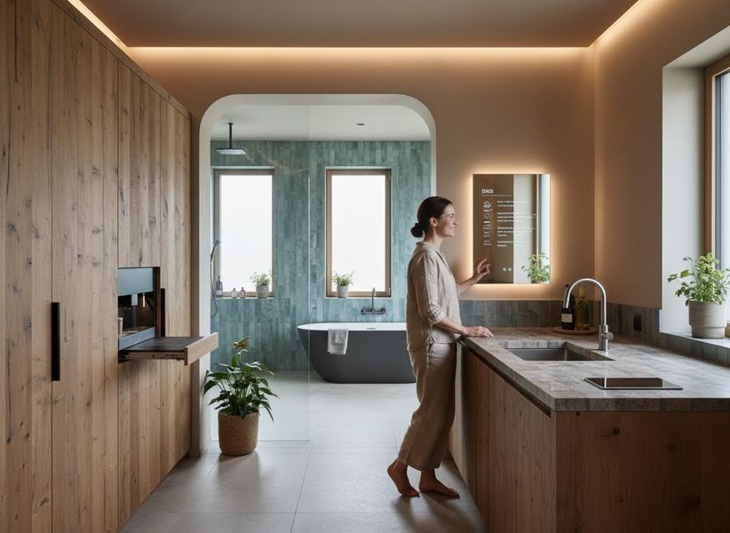 A woman barefoot interacts with a smart mirror in a contemporary kitchen and integrated bathroom with wooden cabinetry and green tile accents. Woman interacts with smart mirror in a modern kitchen and integrated bathroom