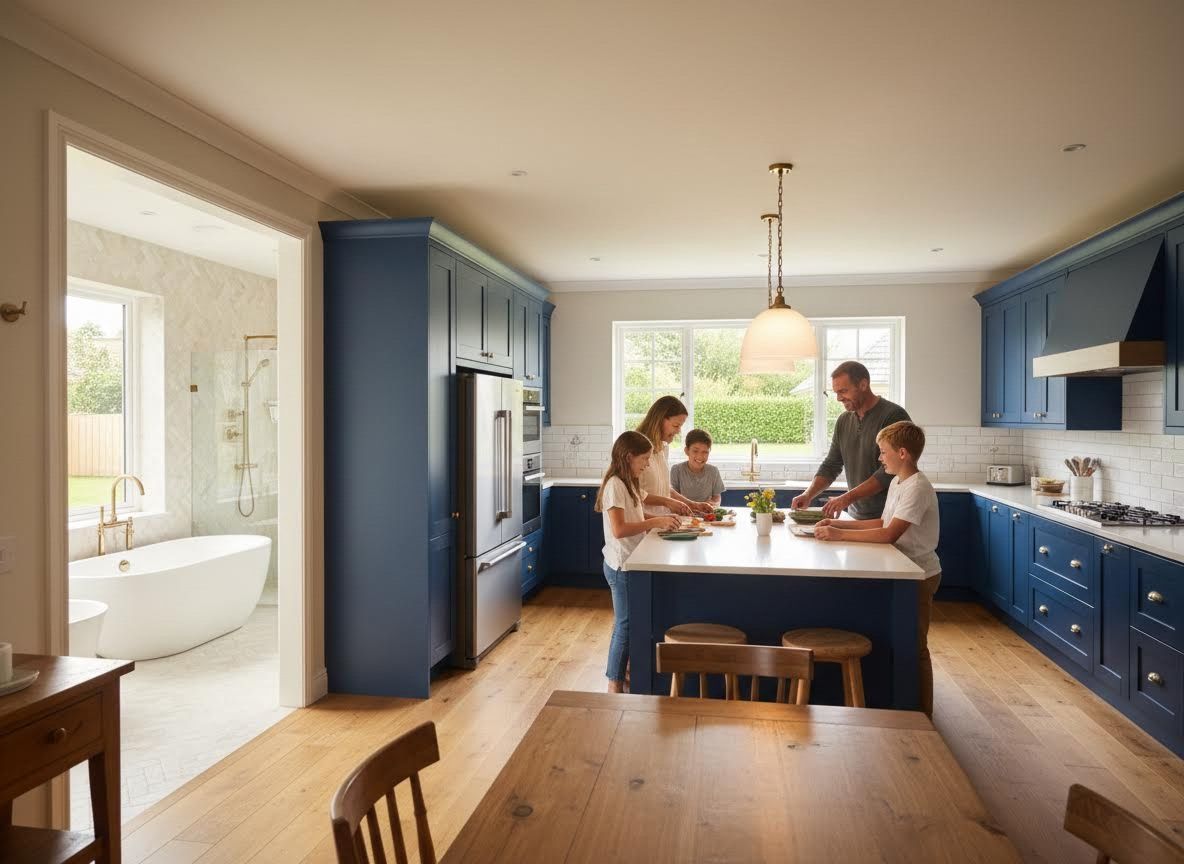 Family preparing food in a modern blue kitchen with a view into a bathroom