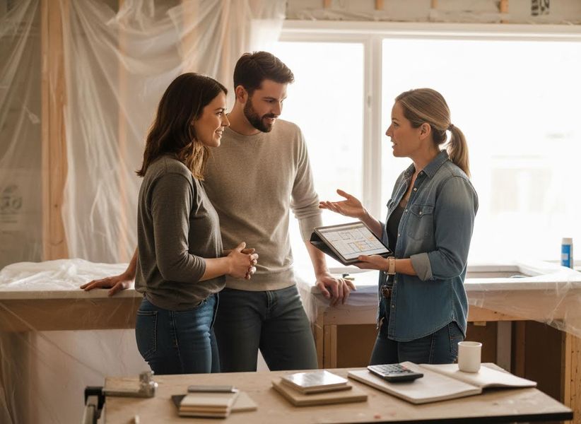 A female architect shows building plans on a tablet to a smiling young couple in a house under construction, discussing renovation details. Couple reviewing home renovation plans with architect