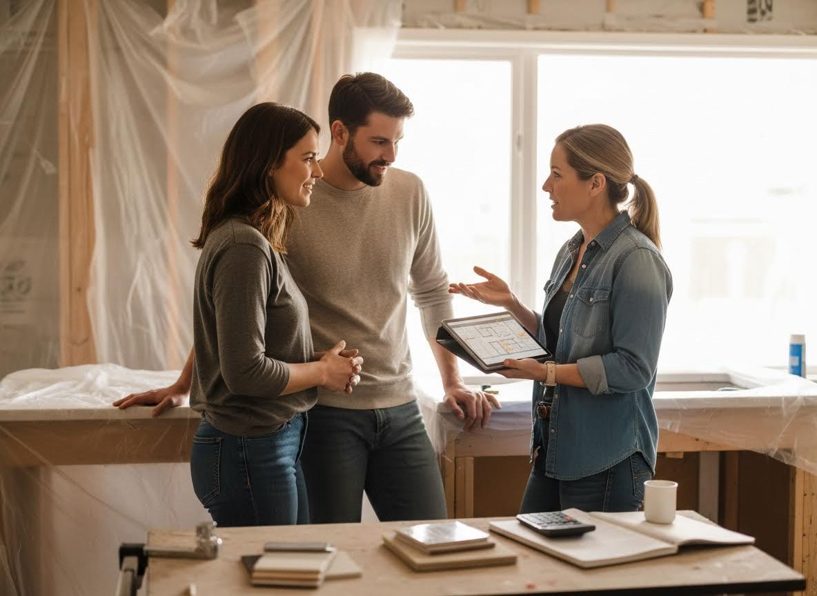 Couple reviewing home renovation plans with architect