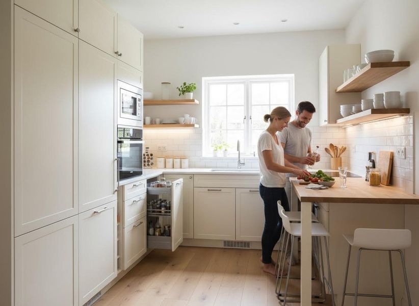 A happy couple prepares food together in a light, contemporary white kitchen with wooden floors, island, built-in appliances, and open shelves. Couple cooking in a bright modern kitchen with white cabinets