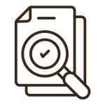 An icon of a magnifying glass looking at papers