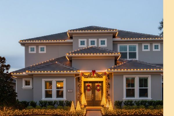 A vibrant Christmas light installation on a home in Celebration, Florida, with decorated palm trees and a colorful, festive glow. A vibrant Christmas light installation on a home in Celebration, Florida, with decorated palm trees and a colorful, festive glow.
