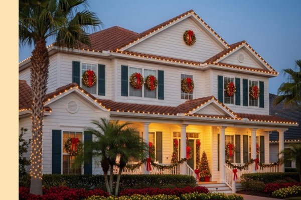 A modern Orlando home with elegant, professionally installed Christmas lights lining the roof and entryway, representing holiday decorating services in the metro area.