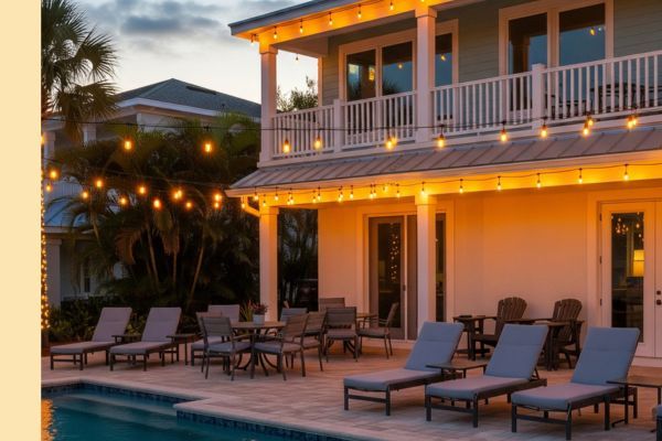 Professional outdoor light hanging on a coastal home in New Smyrna Beach, featuring durable string lights that create a warm and inviting ambiance. Professional outdoor light hanging on a coastal home in New Smyrna Beach, featuring durable string lights that create a warm and inviting ambiance.