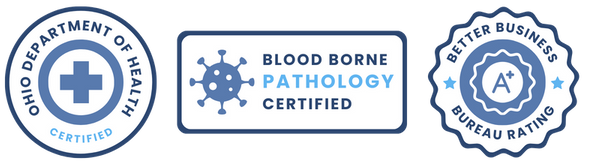 Badge 1: Ohio Department of Health Certified  Badge 2: Blood Borne Pathology Certified  Badge 3: A+ Better Business Bureau Rating