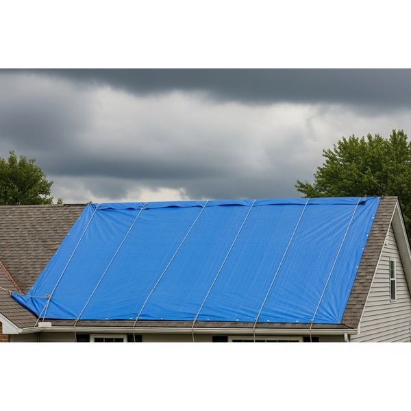 A professional emergency blue tarp installed on a residential roof to prevent water leaks.