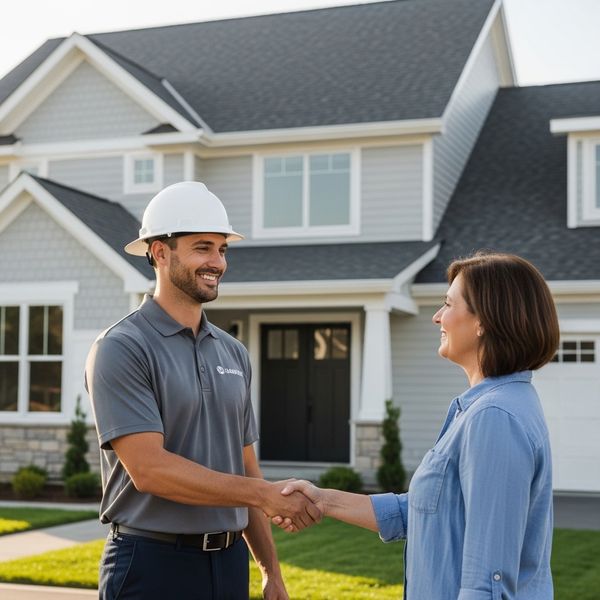 A professional roofing contractor shaking hands with a satisfied homeowner in front of a repaired house.