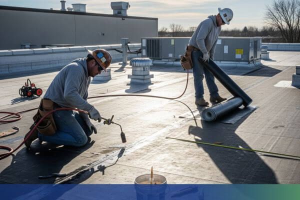 roofing contractors on flat roof