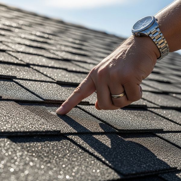 Hand of a contractor pointing to the reflective granules on a high-efficiency asphalt shingle.