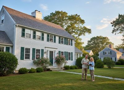 Couple viewing a shingle-sided house with green shutters