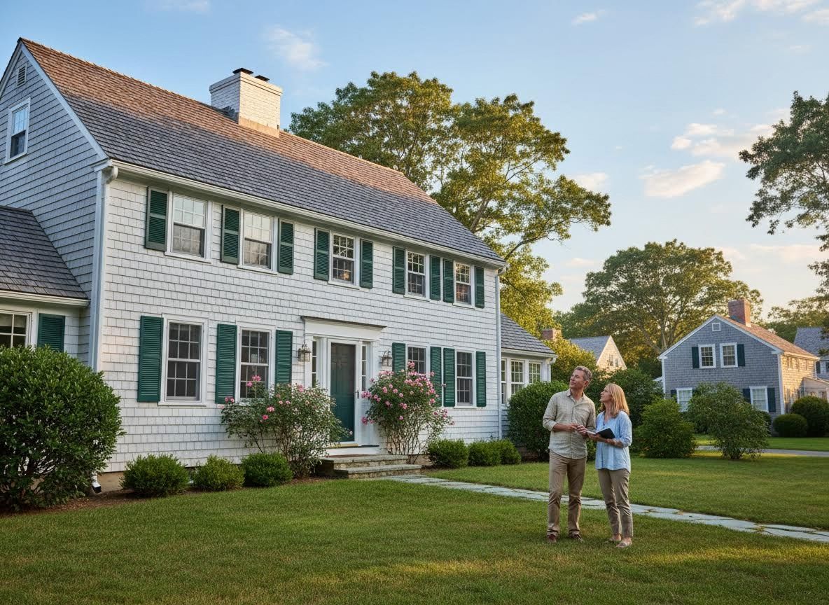 Couple viewing a shingle-sided house with green shutters