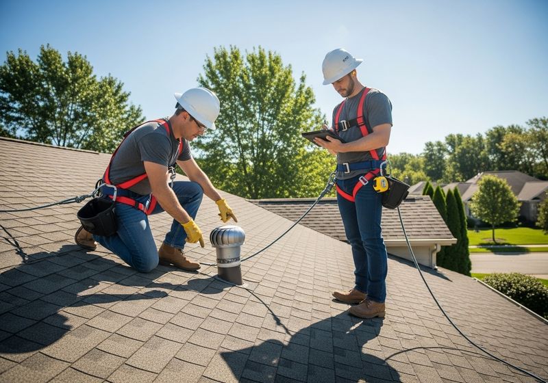Two roofing experts examine a residential shingle roof with clipboards to assess damage.