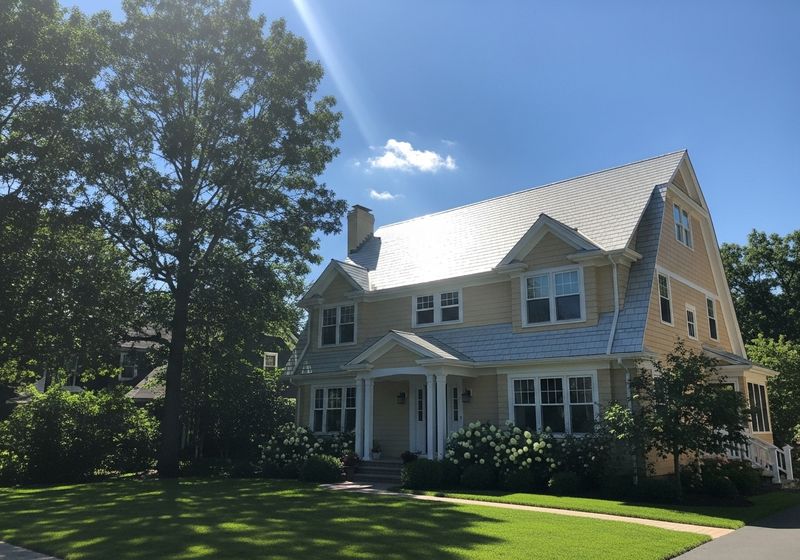 Bright image of a suburban home with a brand-new, light-colored roof, sunlight reflecting.