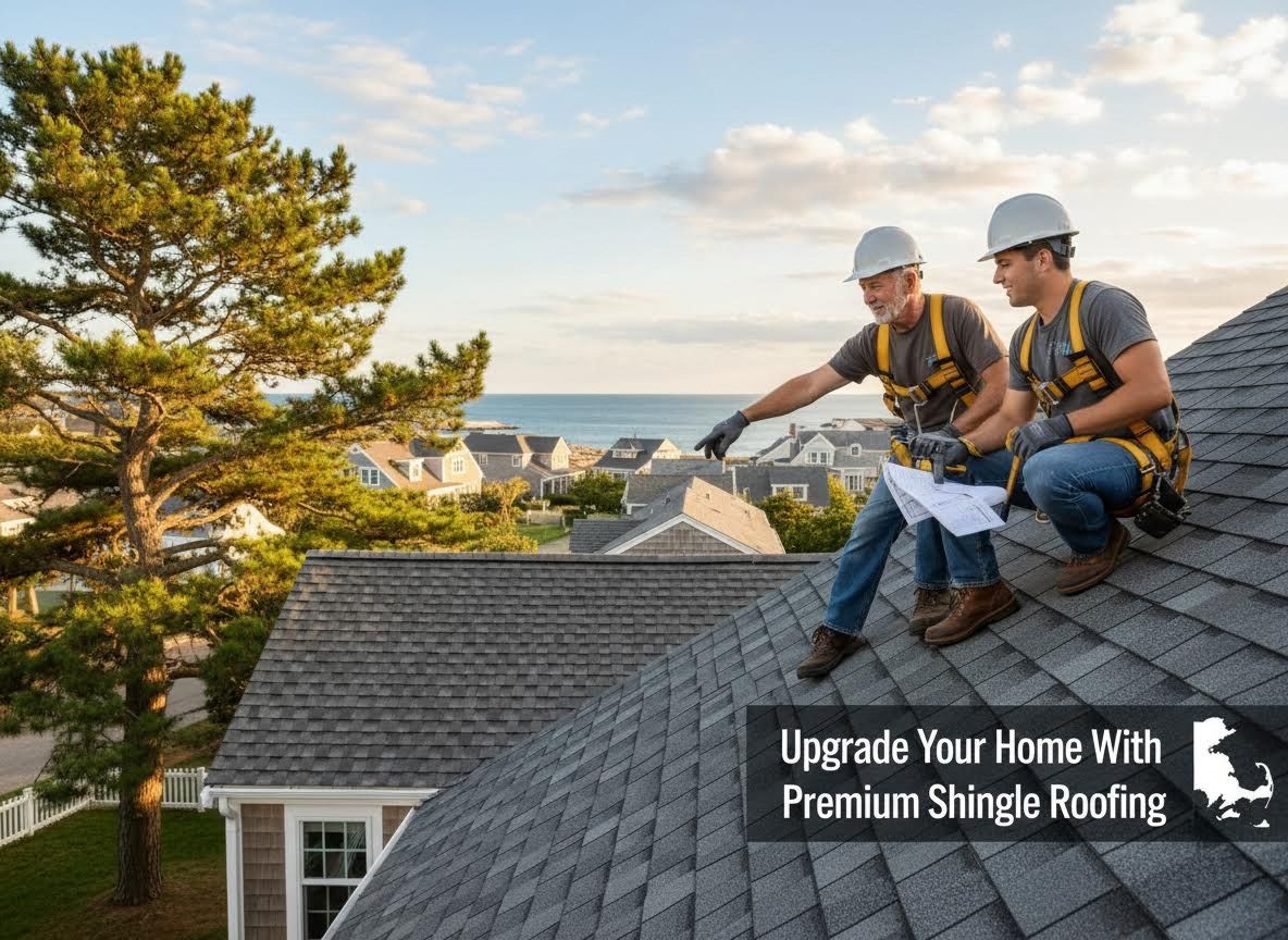 Two roofers on a dark gray shingle roof with coastal town and ocean view