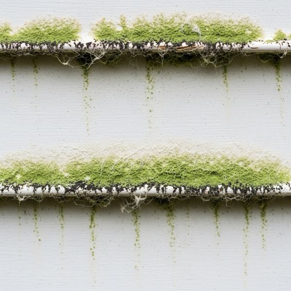 Detailed view of mold and mildew growth on white home siding.