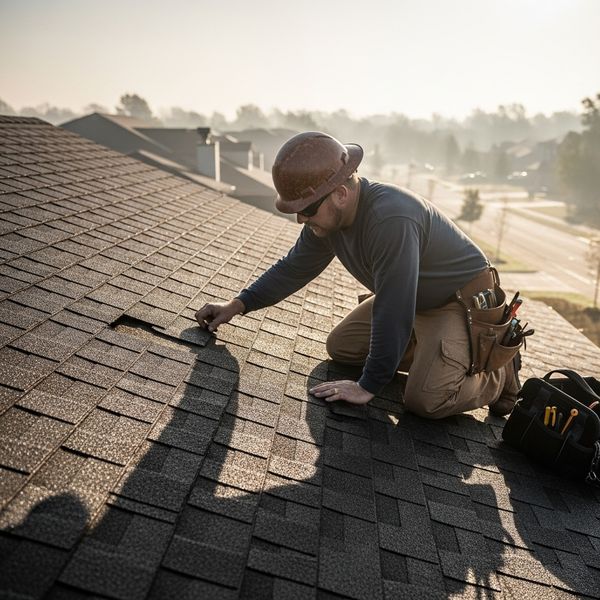 A roofing professional identifies an isolated area of damage on an asphalt shingle roof.
