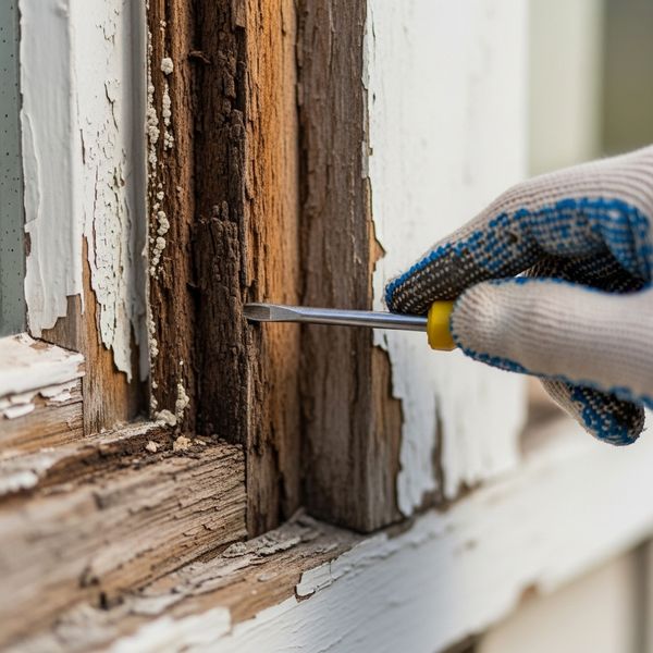 Inspection of rotted wood trim on a home's exterior window.