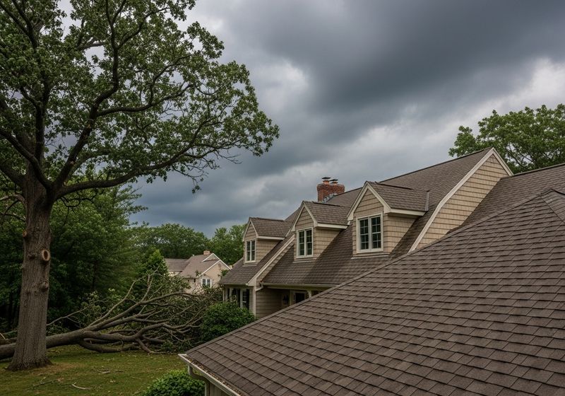 A resilient New England home with a shingle roof after a storm with clearing clouds in the background.