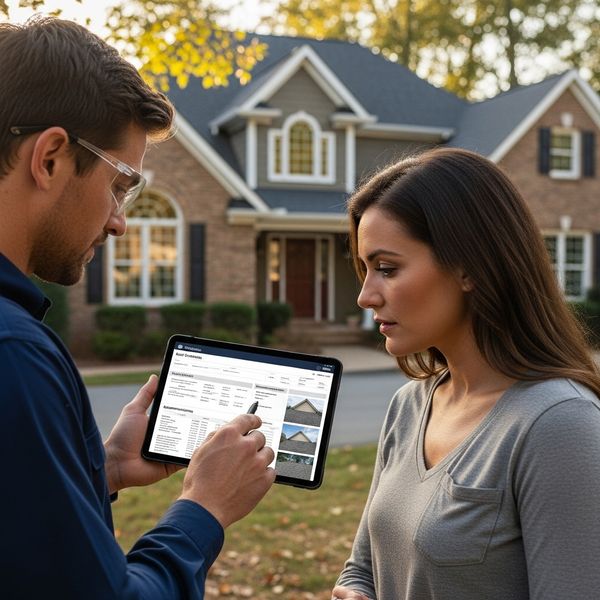 Contractor and homeowner looking at a tablet together, reviewing an official roof inspection report.