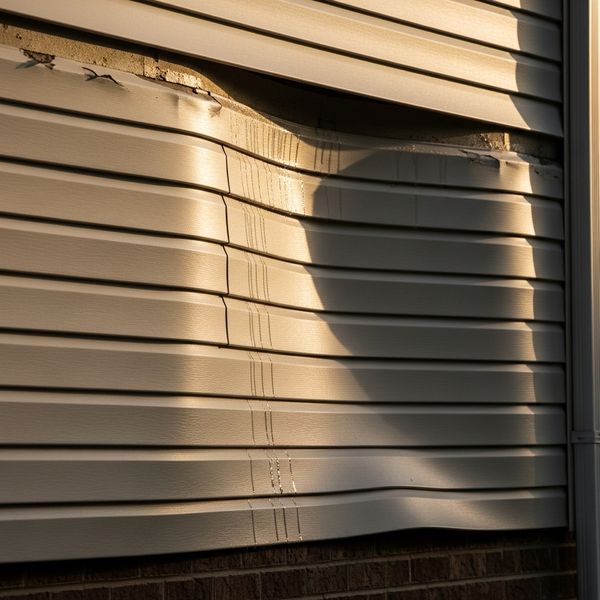 Close-up view of warped and damaged home siding panels.