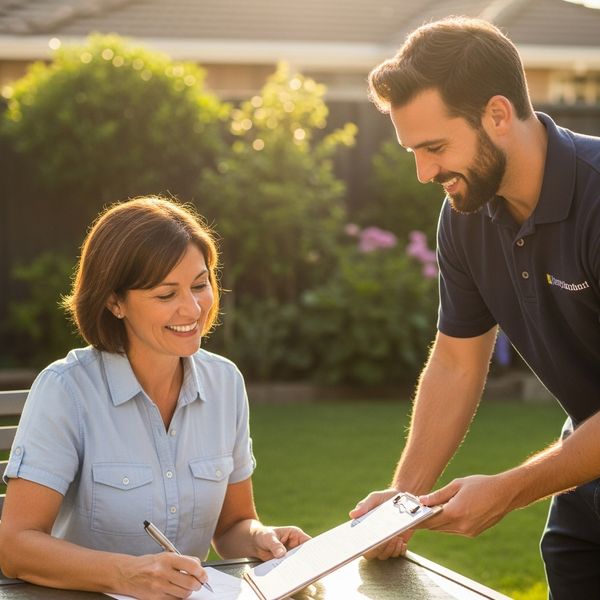 Homeowner smiling while signing paperwork handed to them by a certified contractor on a sunny day.