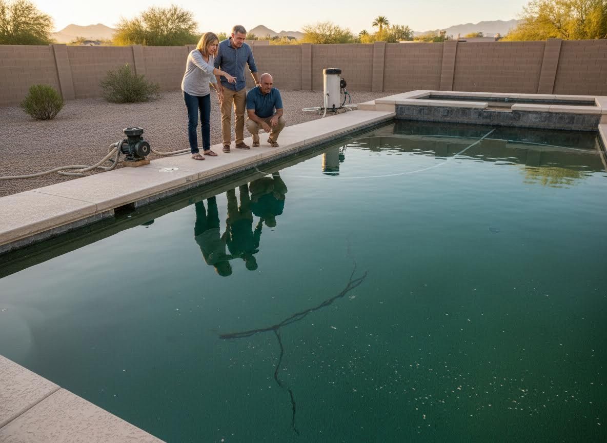 Three People Inspecting a Dirty Green Backyard Swimming Pool