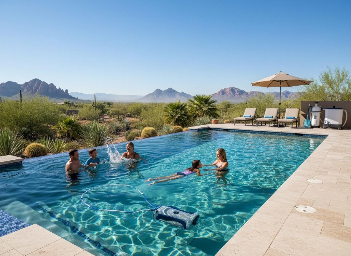 Family enjoying infinity pool with desert mountain view and robotic cleaner