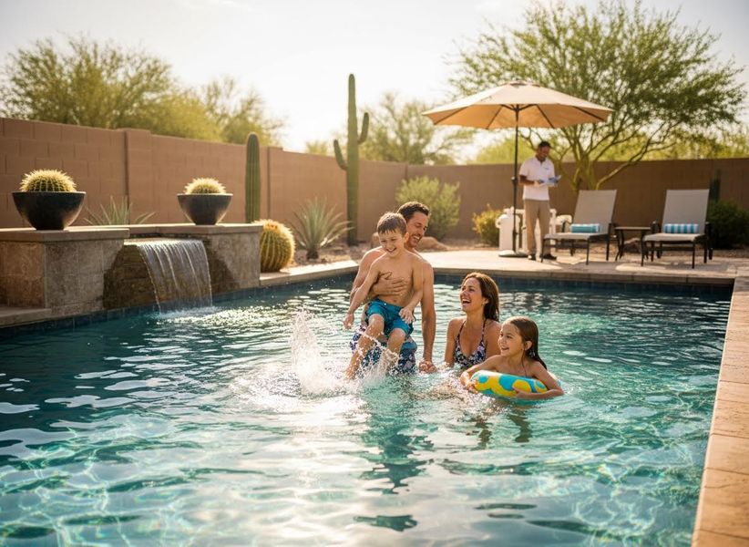 Family playing and splashing in a desert resort swimming pool