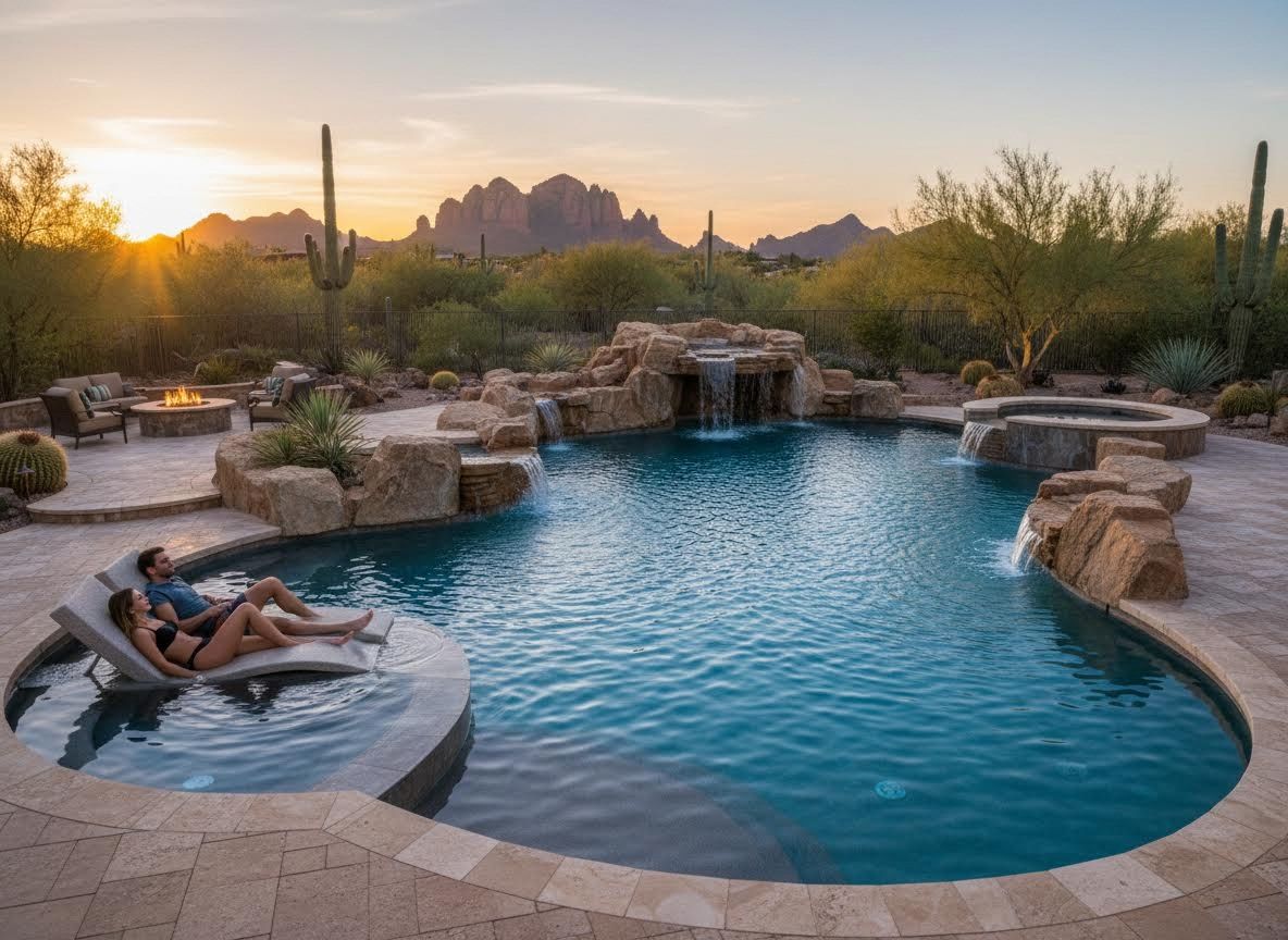 Luxury Desert Pool with Couple at Sunset