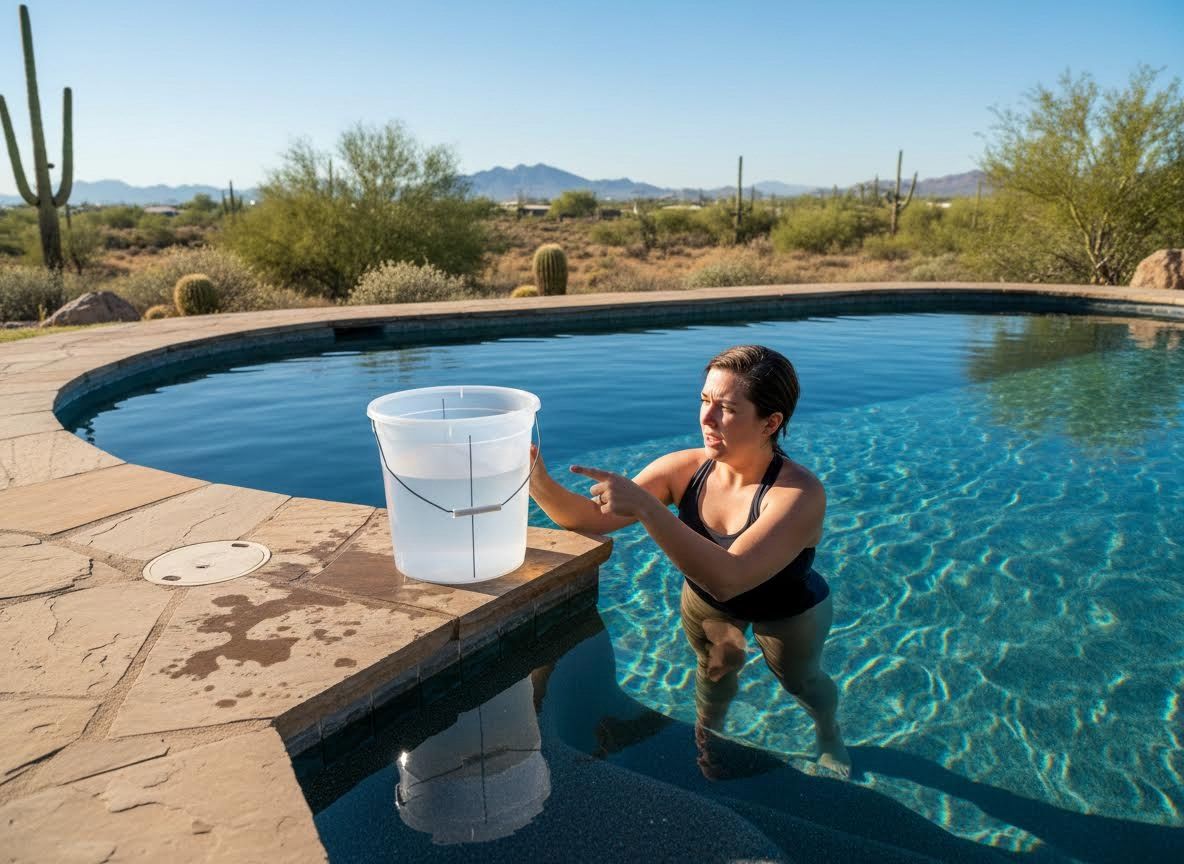 Woman in a desert pool demonstrating with a water bucket