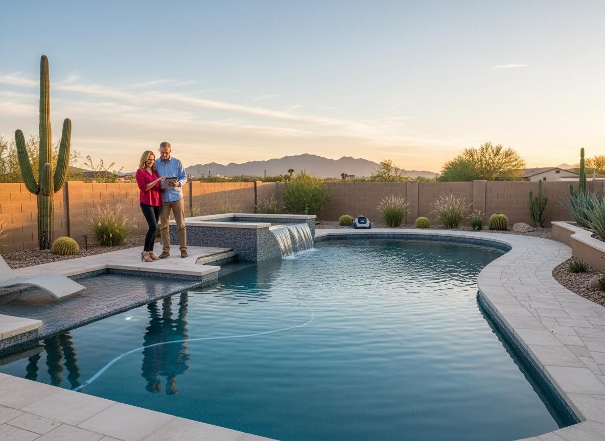 Couple using a tablet by a modern desert pool with a waterfall at sunset